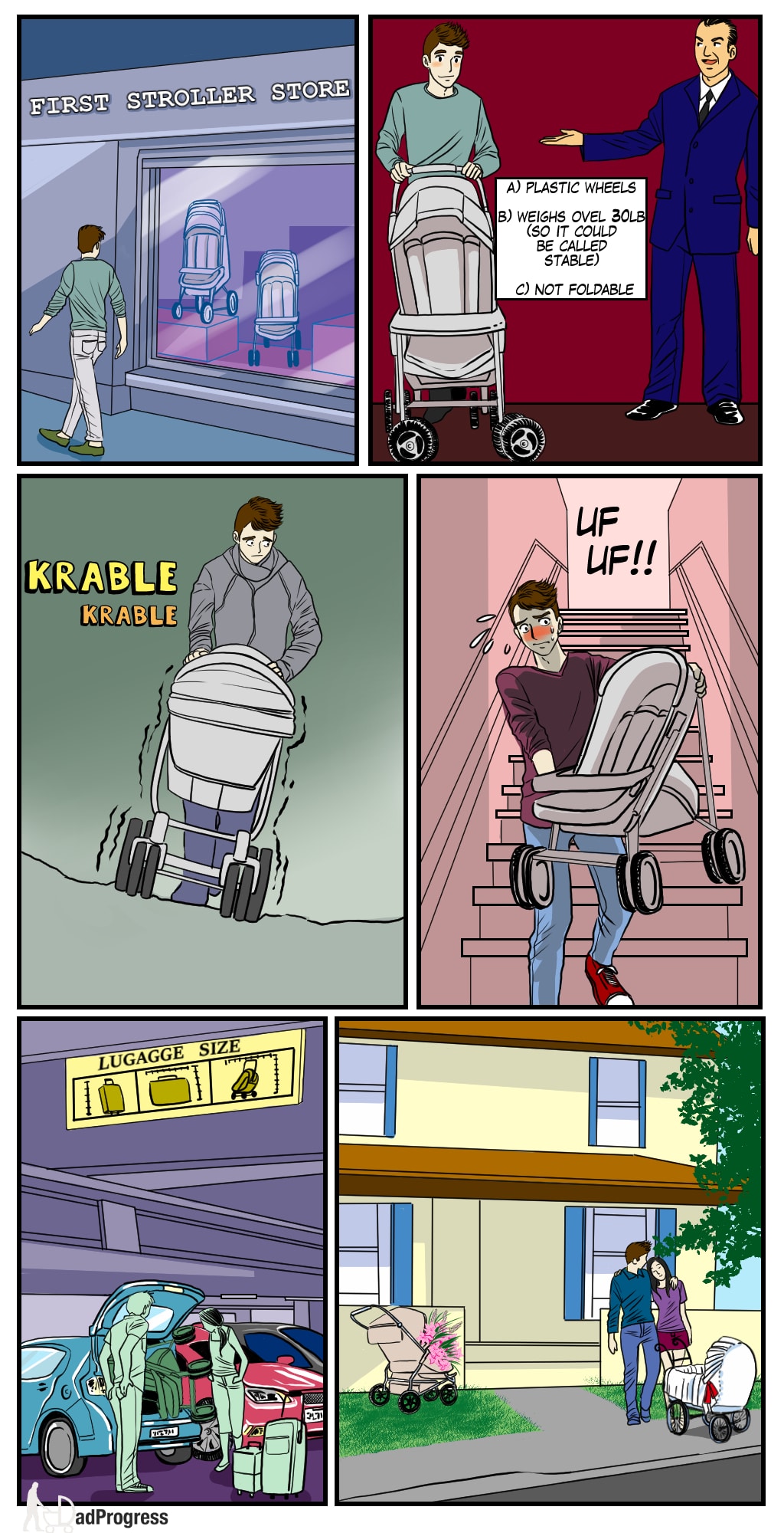 In the comic strip a guy walks into the first stroller store. He ends up buying a non-foldable heavy stroller with plastic wheels and is unhappy using it. He buys a new stroller and uses the old one as a flowerpot.