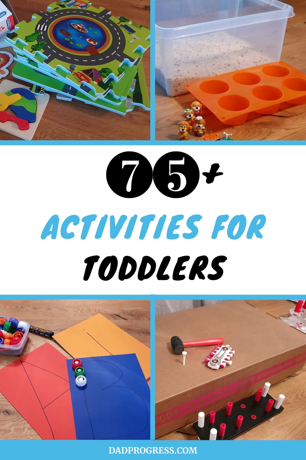 I put together an epic list of activities for toddlers at home (indoor or outdoor). You can find inspiration for under one or more advanced ideas for over 2 year olds. Click to see the list!