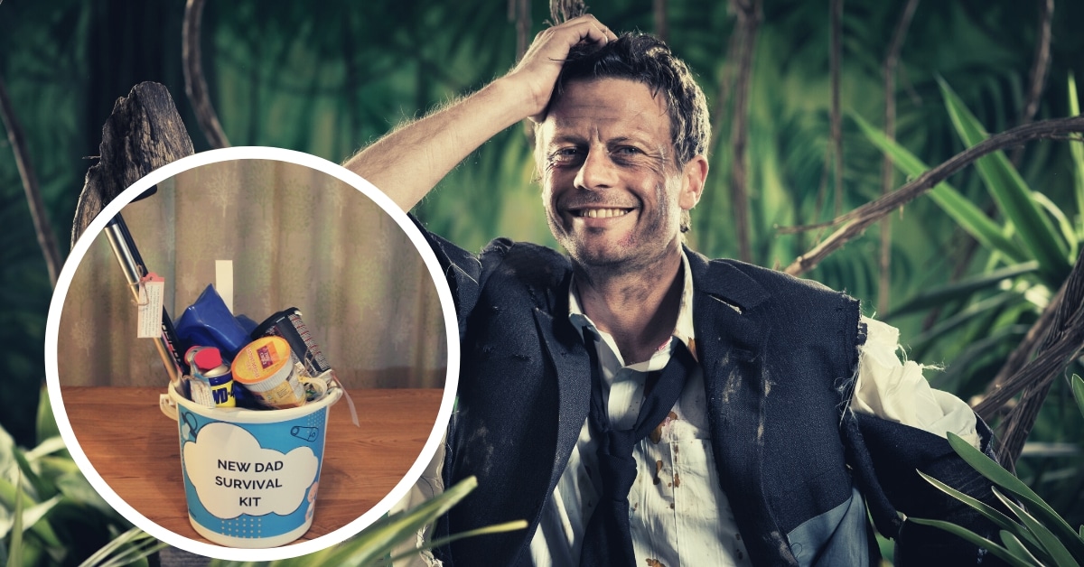 A smiling man in a jungle and next to him in a circle picture of a "new dad survival kit" in a bucket