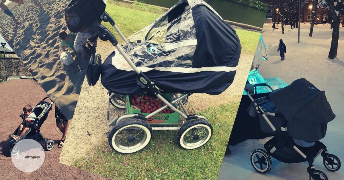 Best all terrain stroller featured image- photo collage of four different strollers o n different surfaces outside