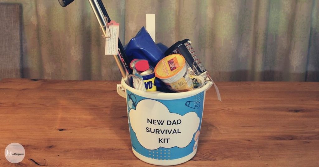 Practival new survival kit lited items in a white bucket on a wooden table